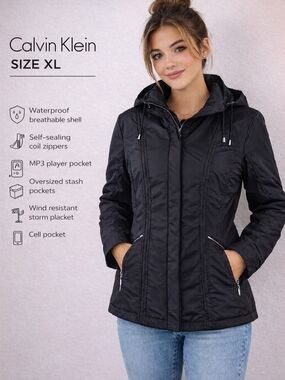 Calvin Klein Women’s Black Hooded Jacket Windbreaker Lightweight Utility Size XL